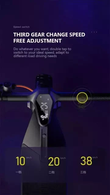 E-scooter handlebar with speed display and gear change options on a dark background