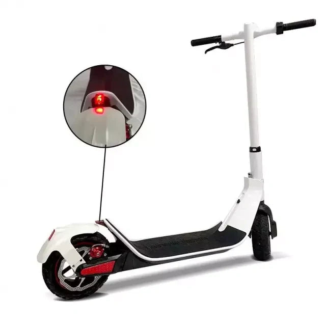 White electric scooter with a rearview mirror and red lights on a white background