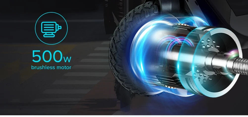 Close-up of a brushless motor with a 500W label on a dark background