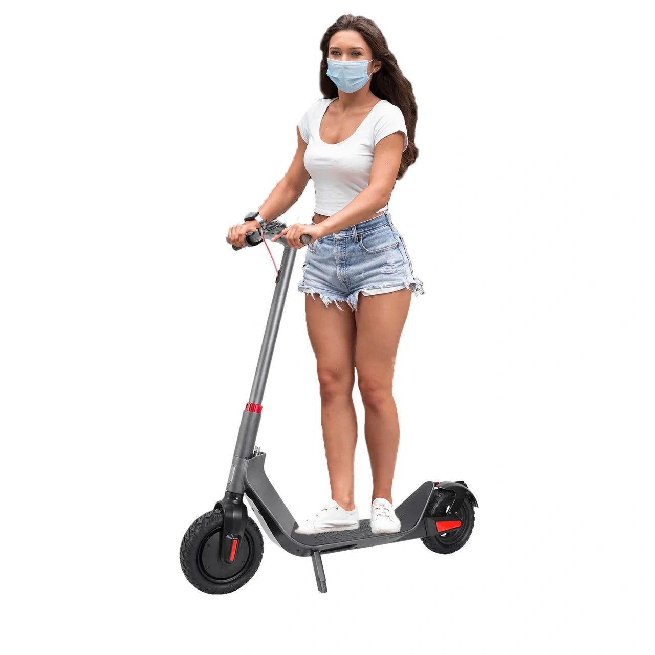 Woman riding a scooter on a white background