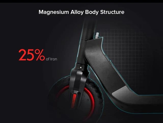 Electric scooter with magnesium alloy body structure highlighted on a dark background