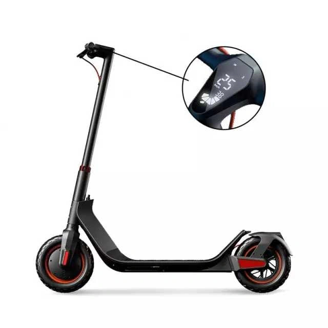 Black electric scooter with a close-up of the digital display on a white background