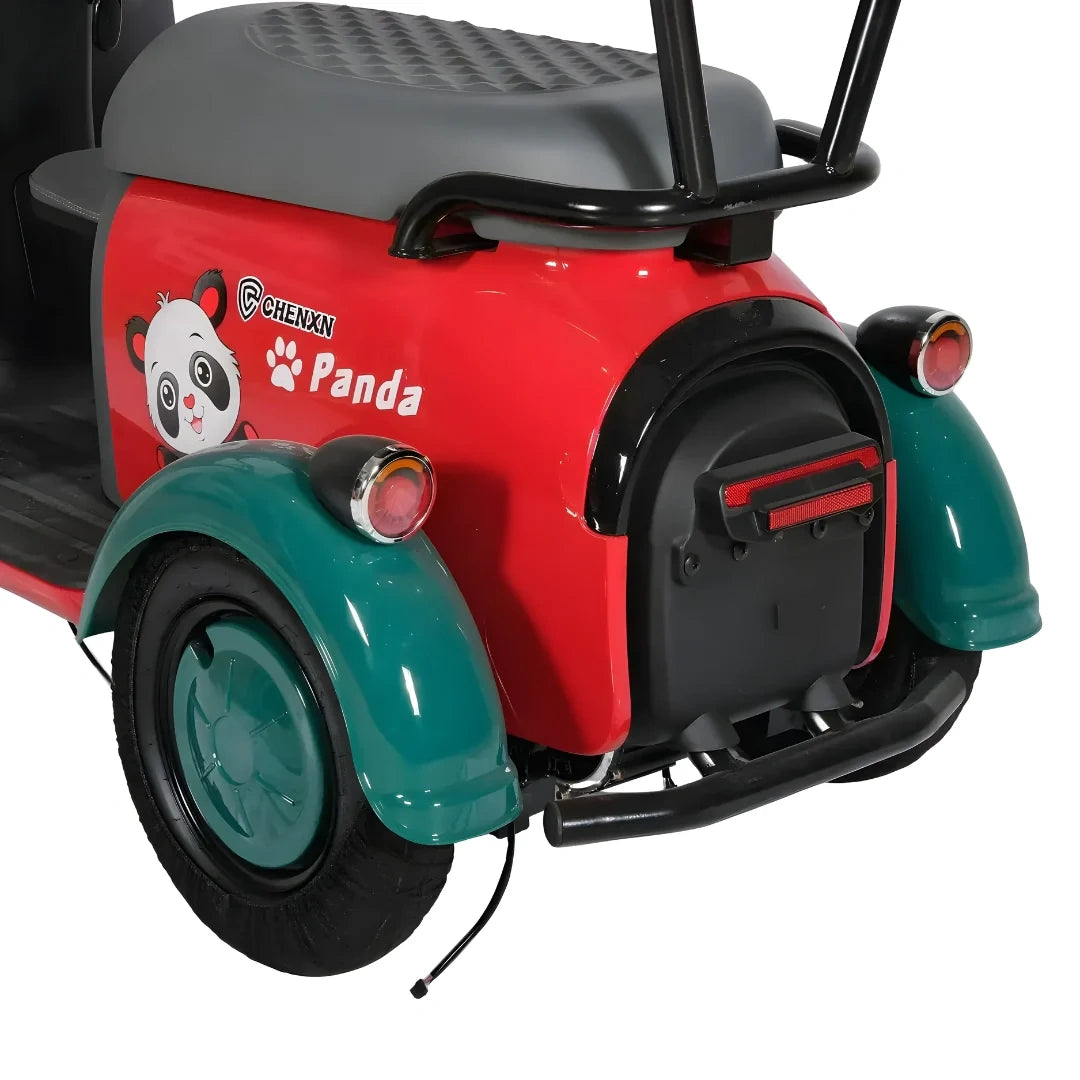 Red and green toy scooter with panda design and 'Chenxi Panda' branding on a white background