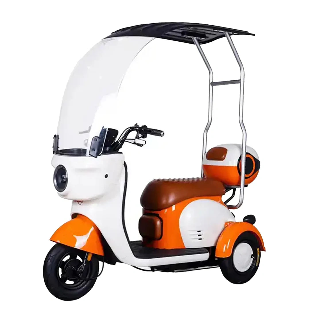 Orange and white three-wheeled motor scooter with a canopy on a white background