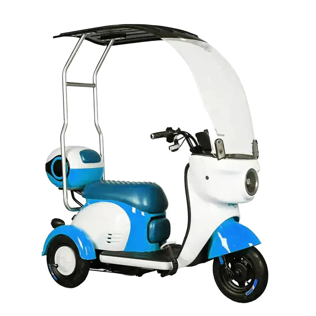 Blue and white scooter with canopy on a white background
