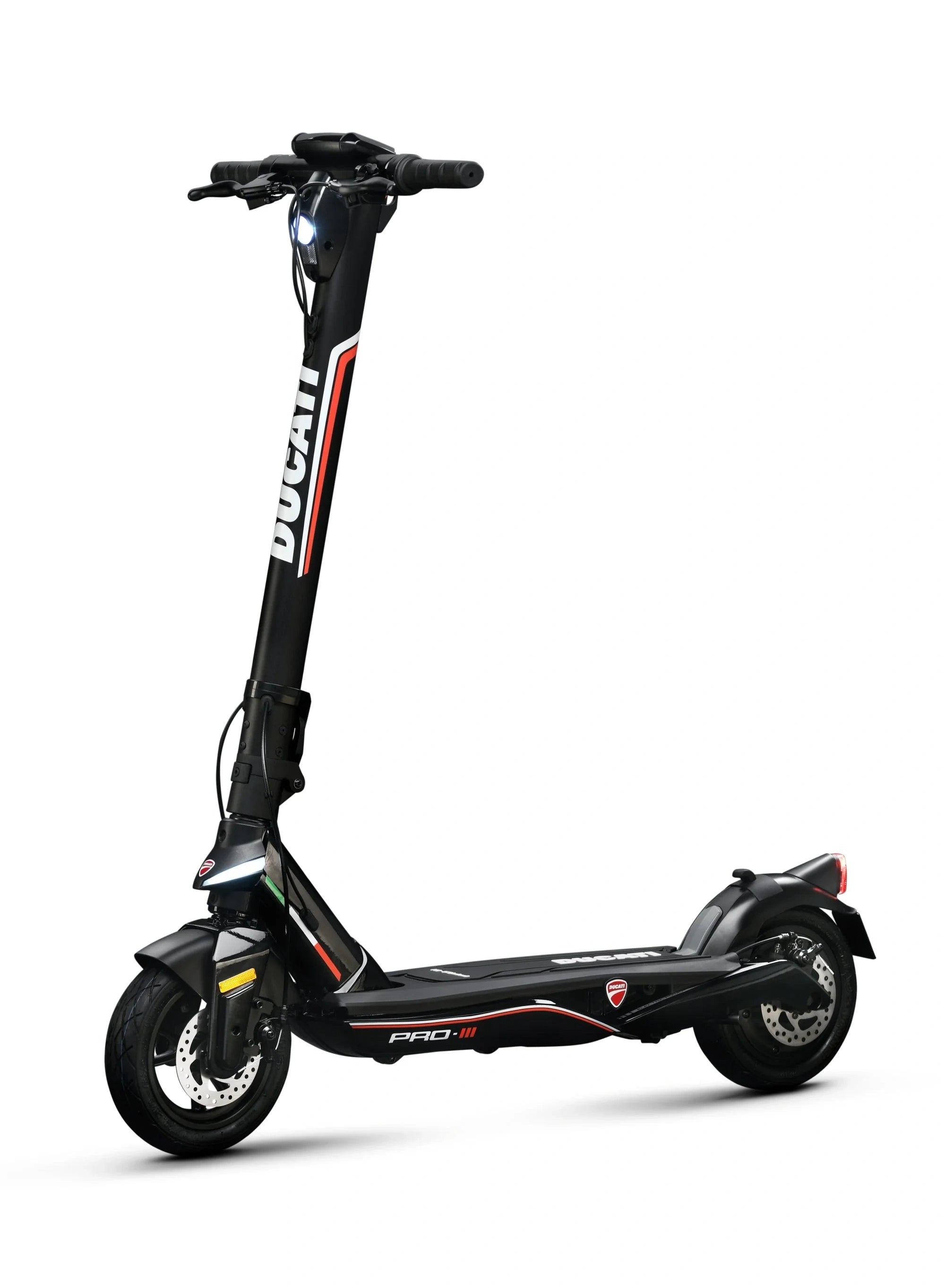 Black electric scooter with Ducati branding on a white background