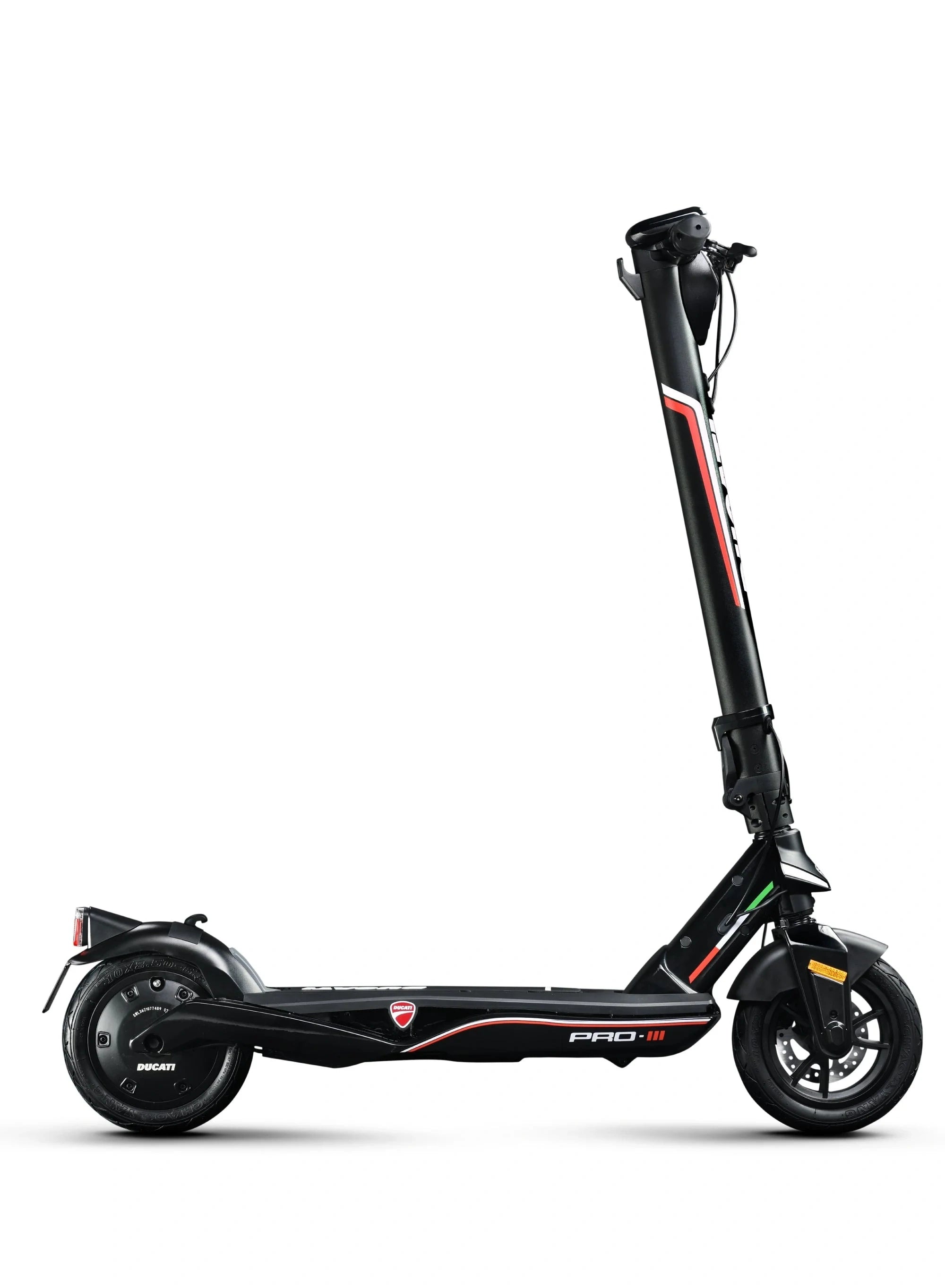 Black electric scooter with red accents on a white background