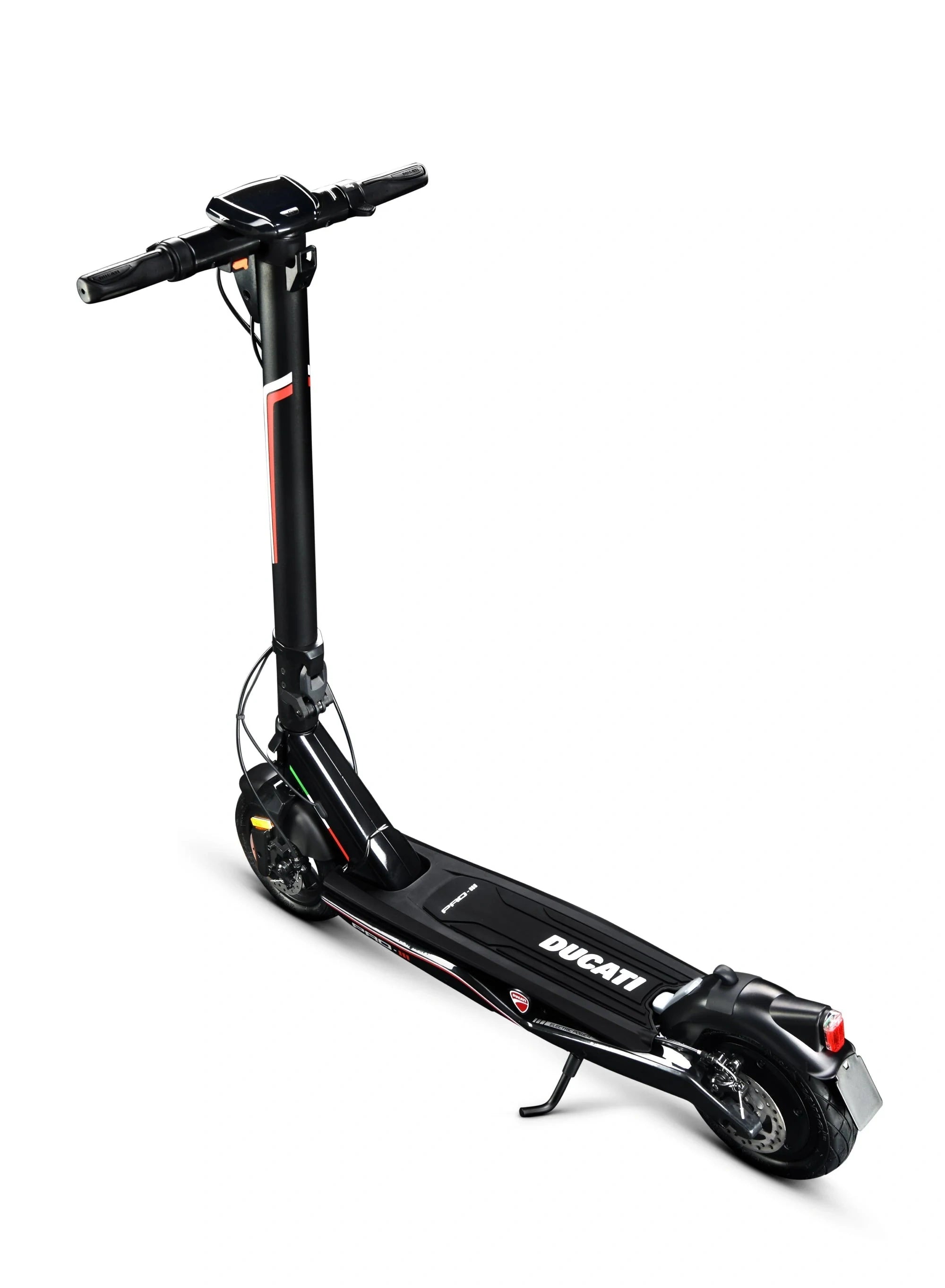 Black electric scooter with Ducati branding on a white background