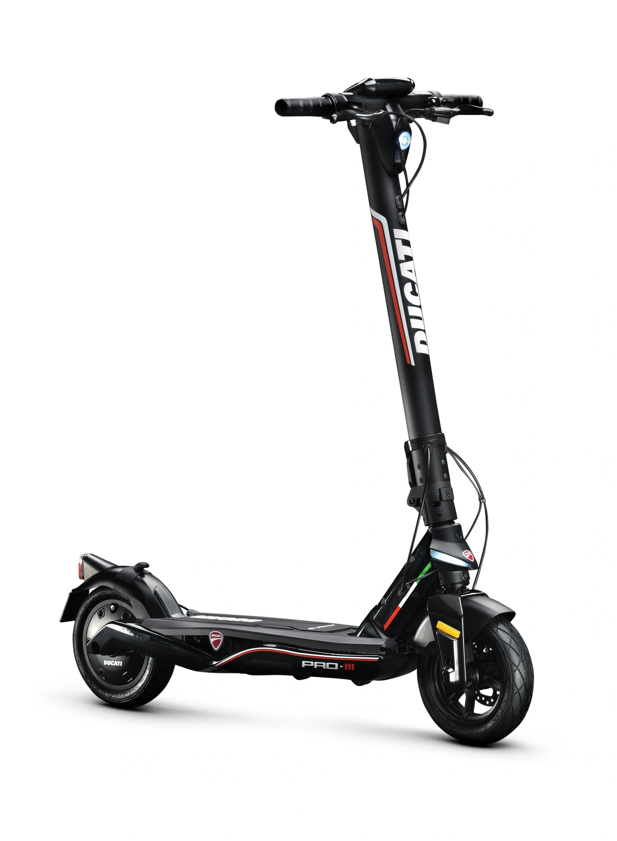 Black electric scooter with Ducati branding on a white background