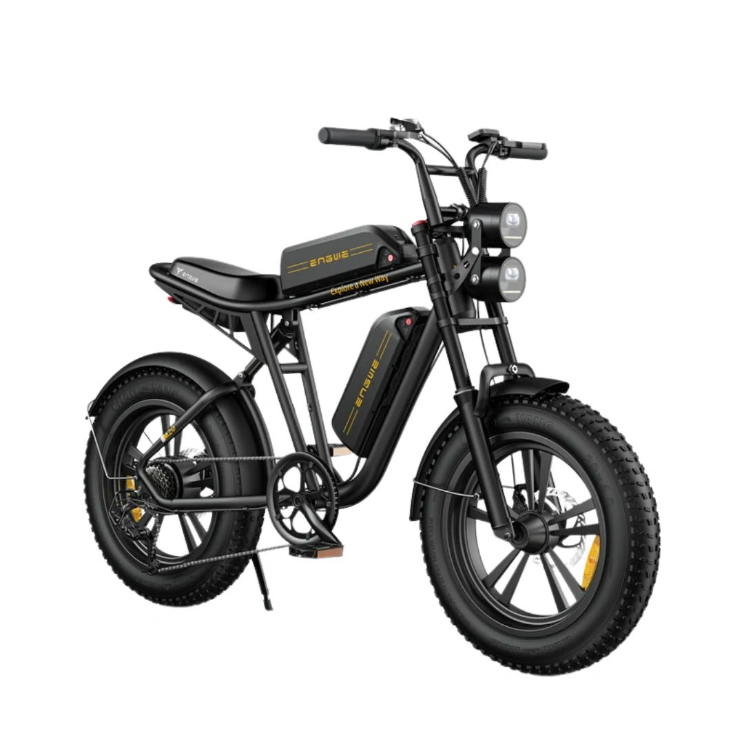 Black electric bike with visible branding on a white background