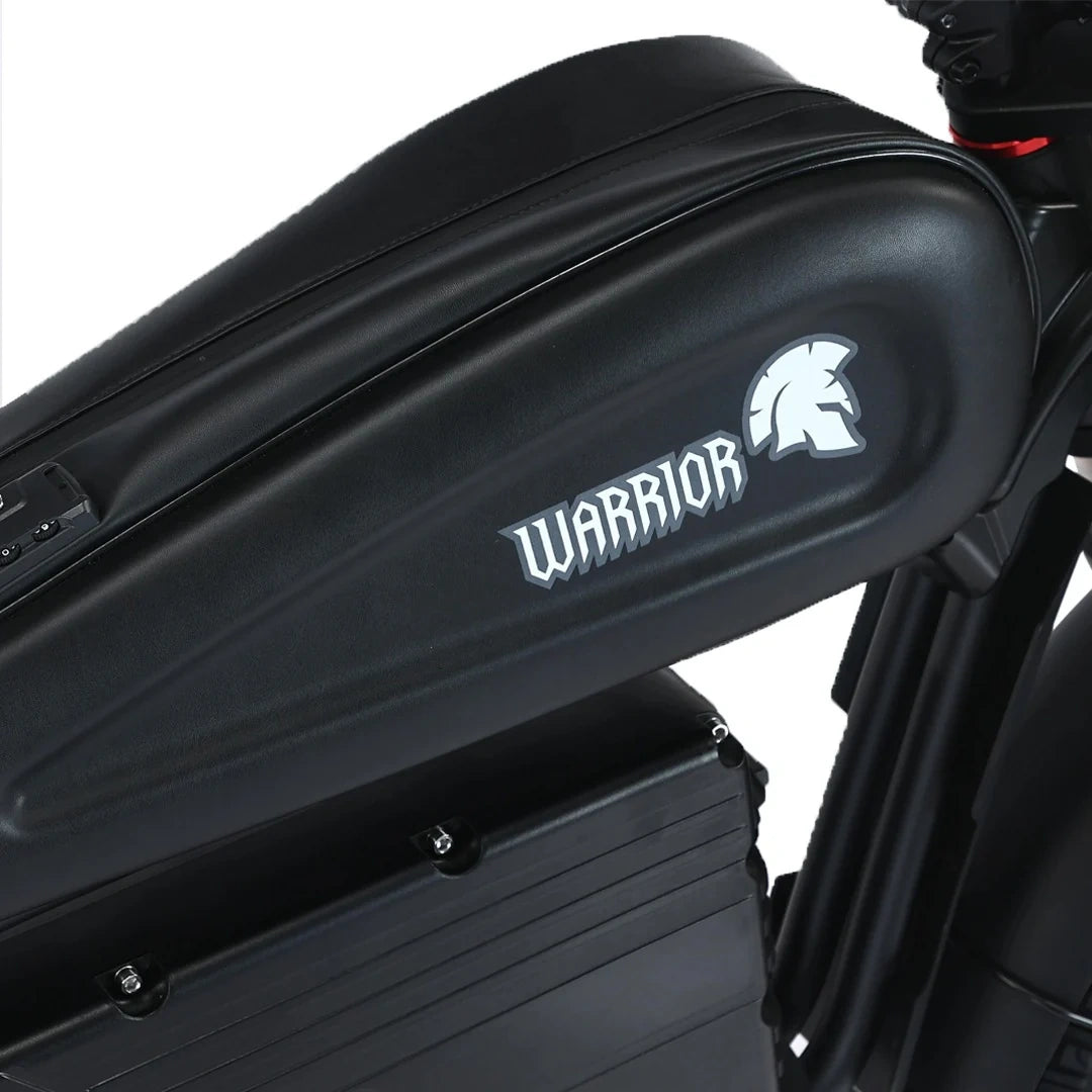 Black storage compartment with 'Warrior' logo on a white background