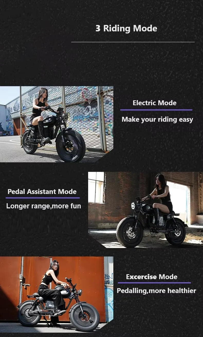 Motorcycle with text on riding modes against a black background