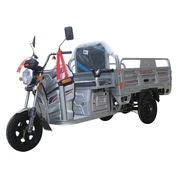 Three-wheeled motor vehicle with a cargo bed on a plain background