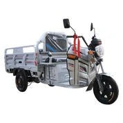 Three-wheeled motorbike with a cargo bed on a white background
