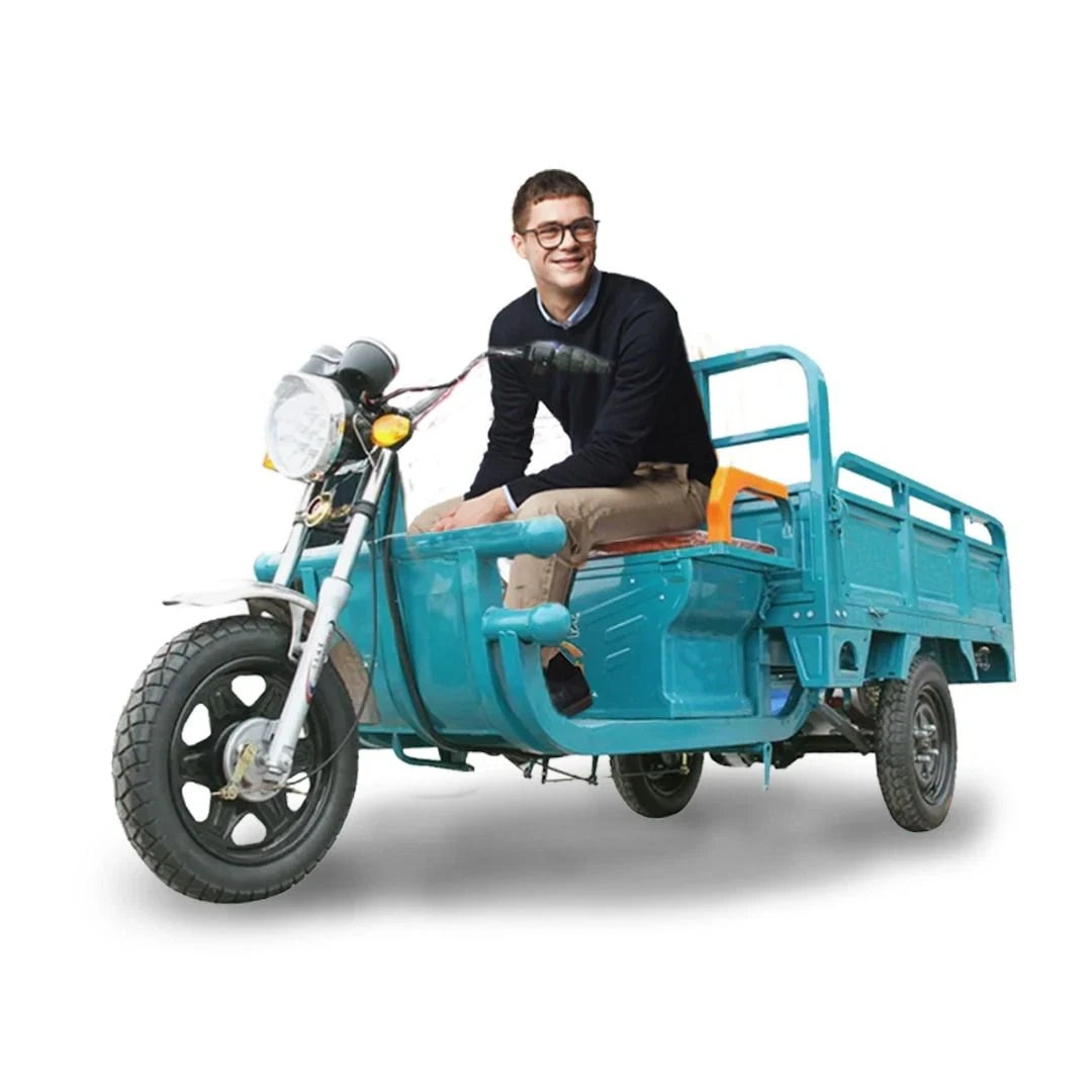 Man sitting on a blue cargo bike with a white background