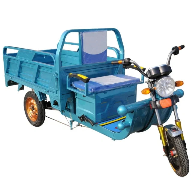 Blue cargo tricycle with a small motorcycle on a white background