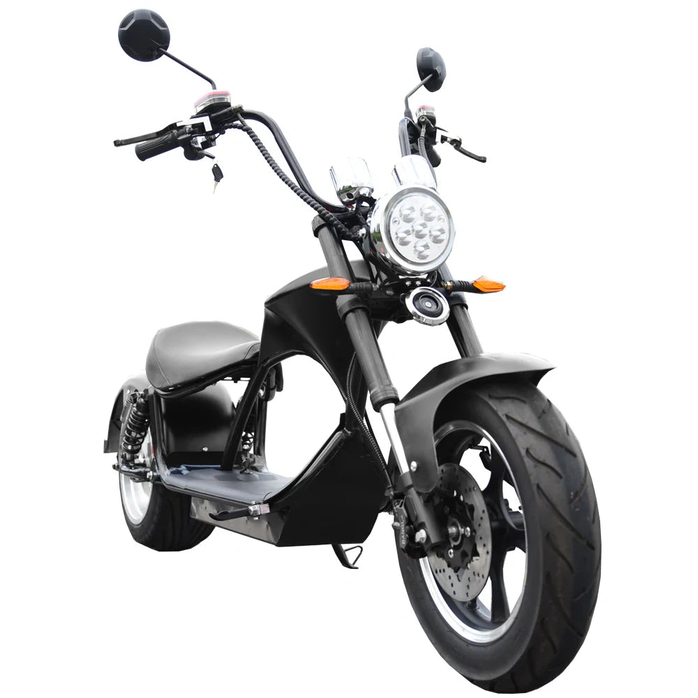 Black electric scooter with large front wheel on a white background