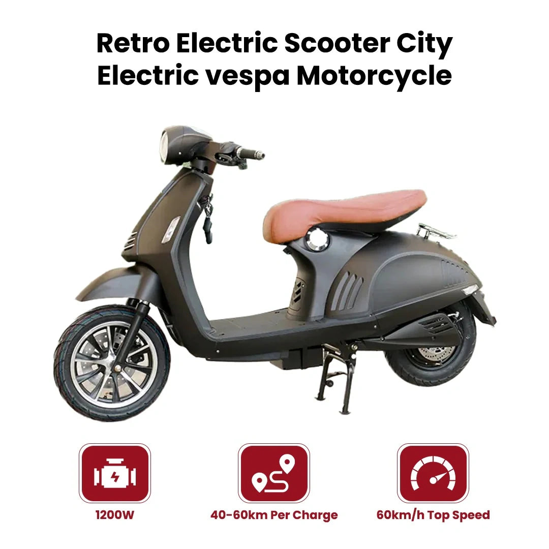 Retro electric scooter with specifications on a white background
