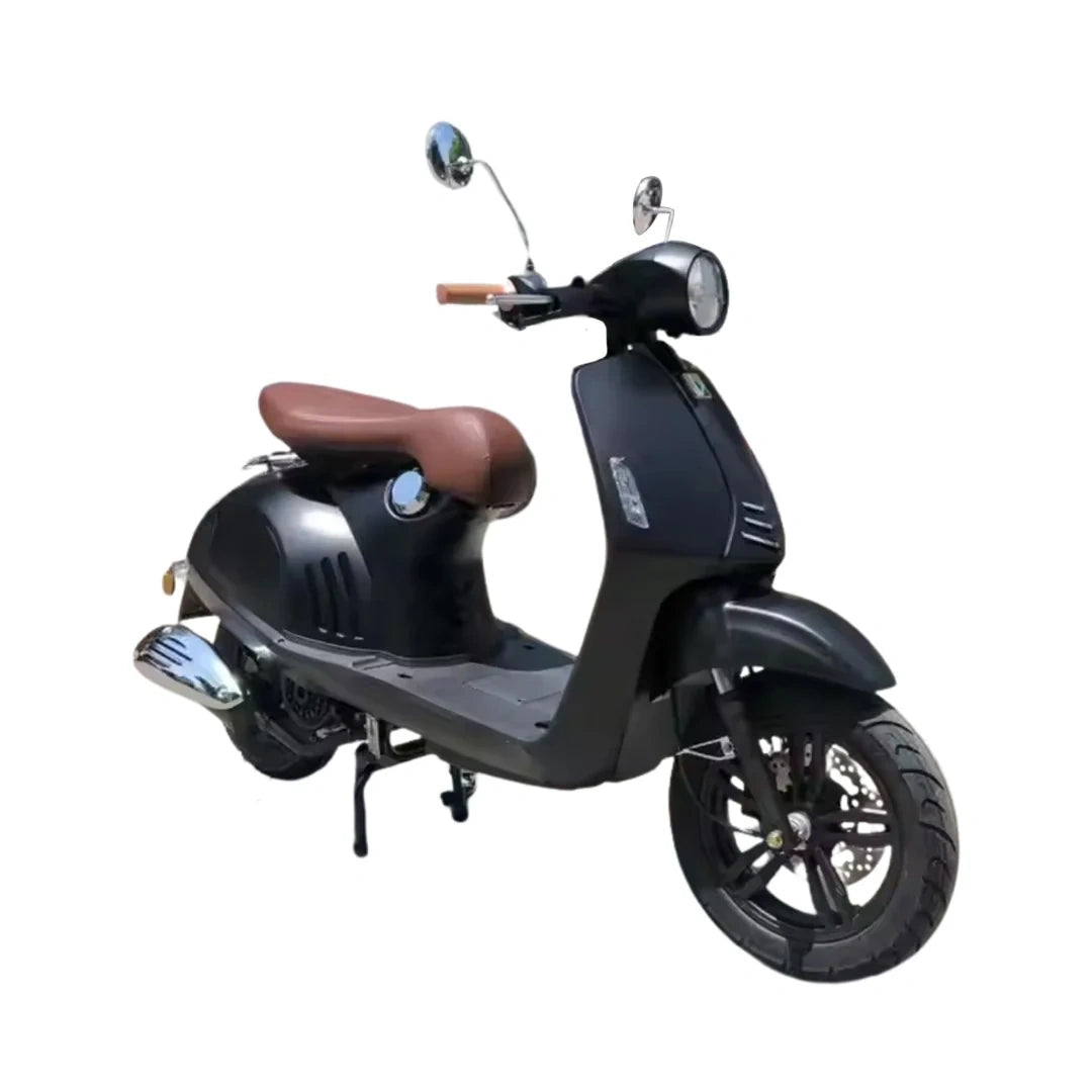 Black scooter with a brown seat on a white background