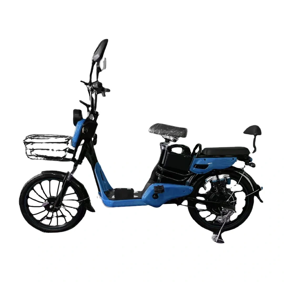 Blue electric bike with black frame on a white background
