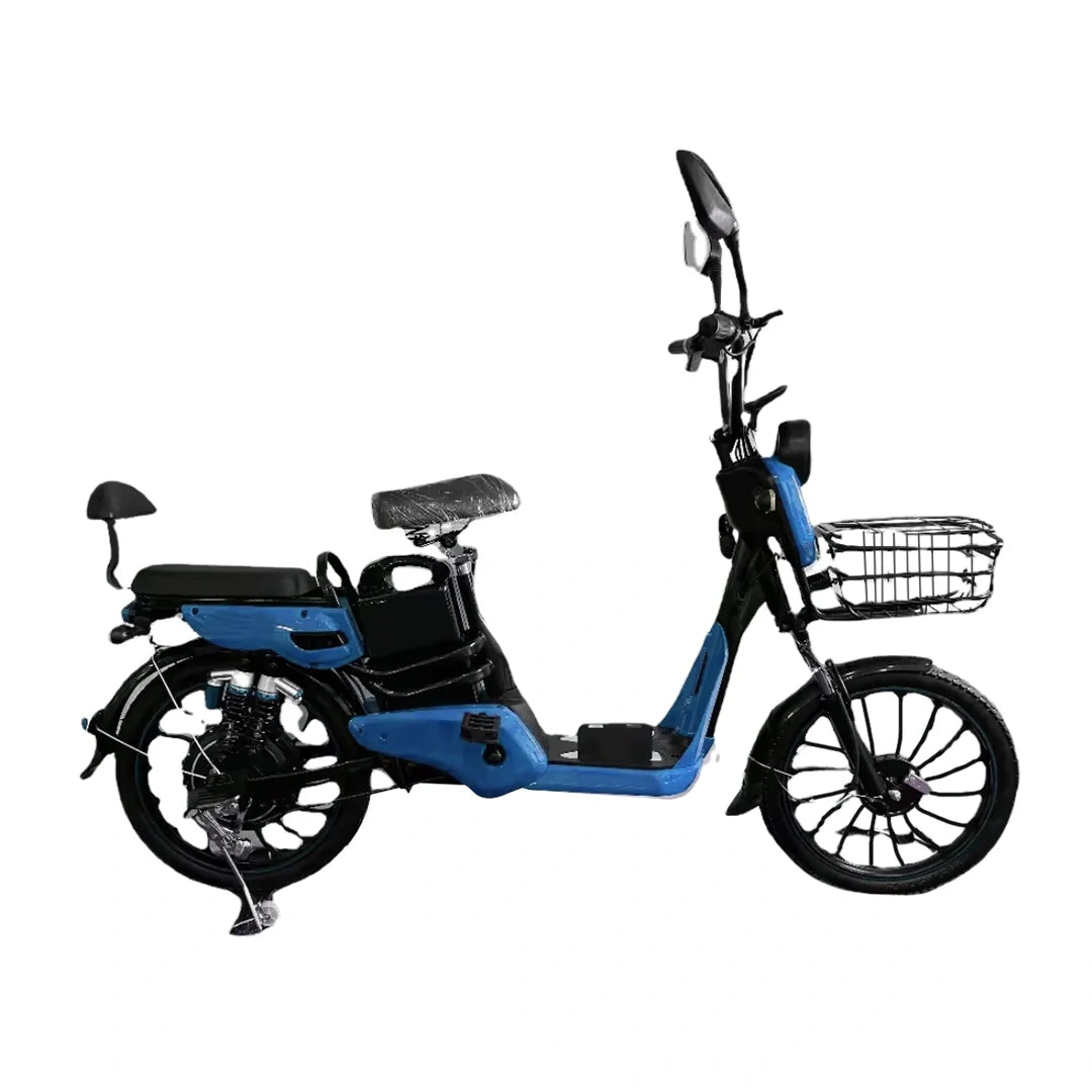 Blue electric bike with a basket on a white background