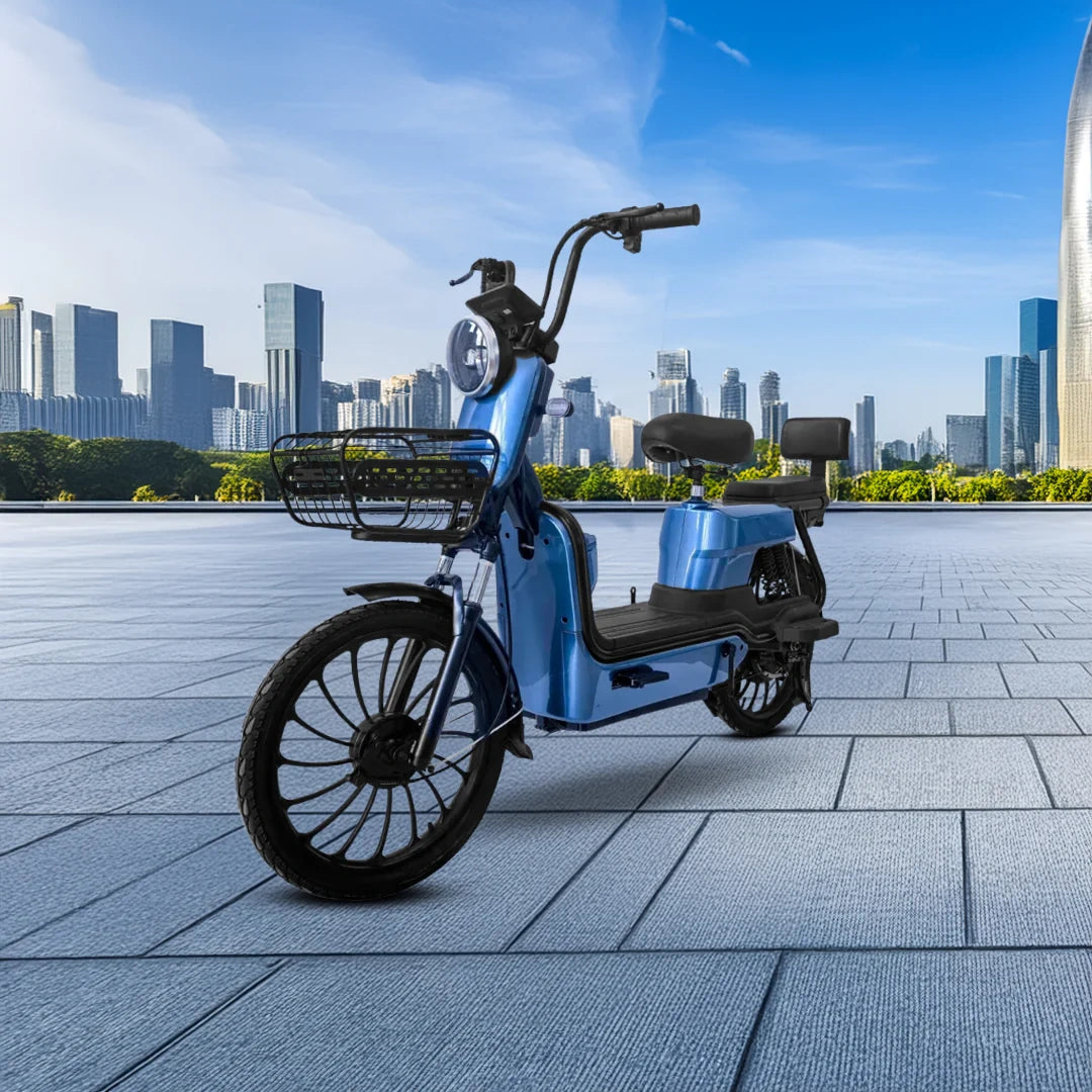Blue electric bike with a cargo box on a cityscape background