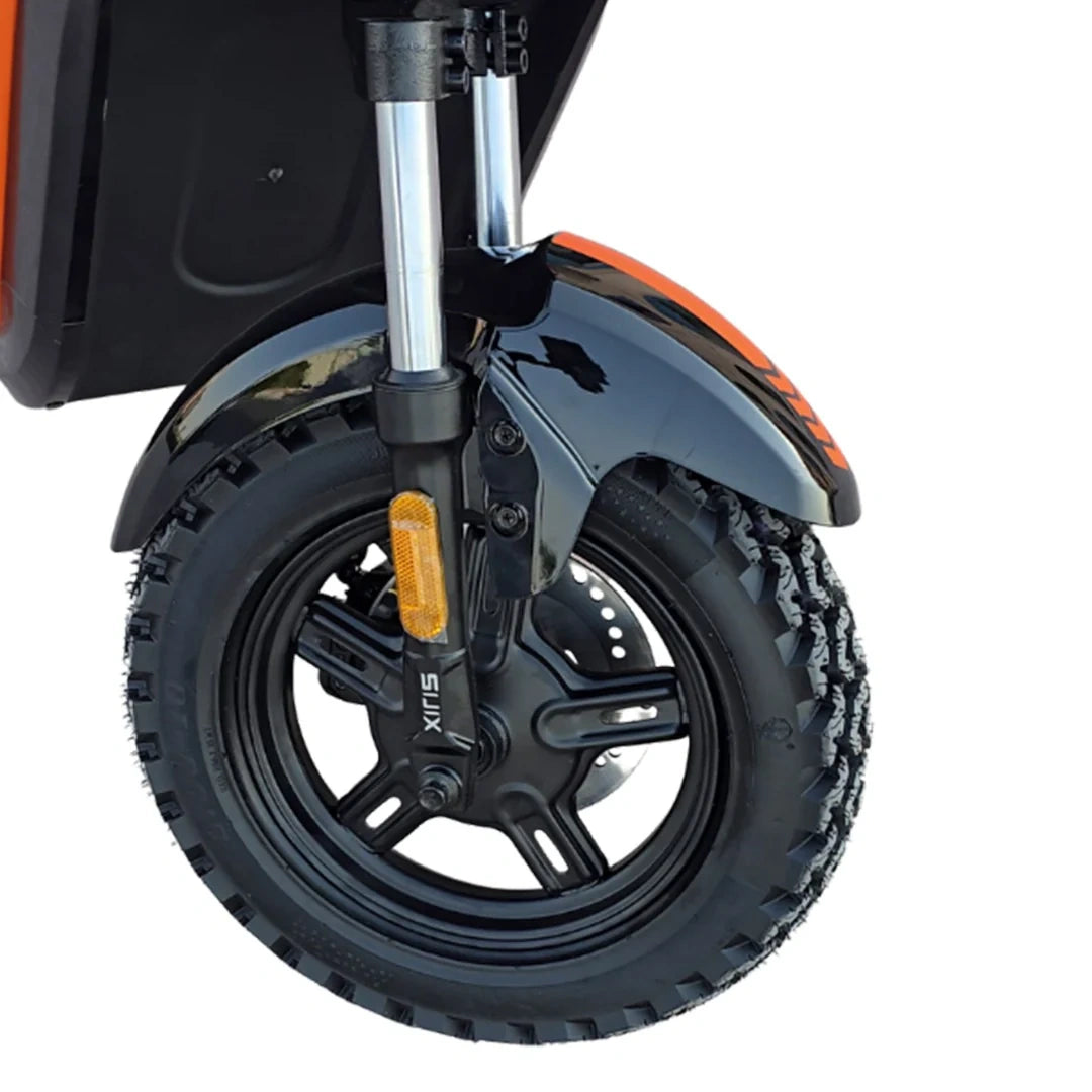 Close-up of a scooter wheel with a visible brand logo on a white background