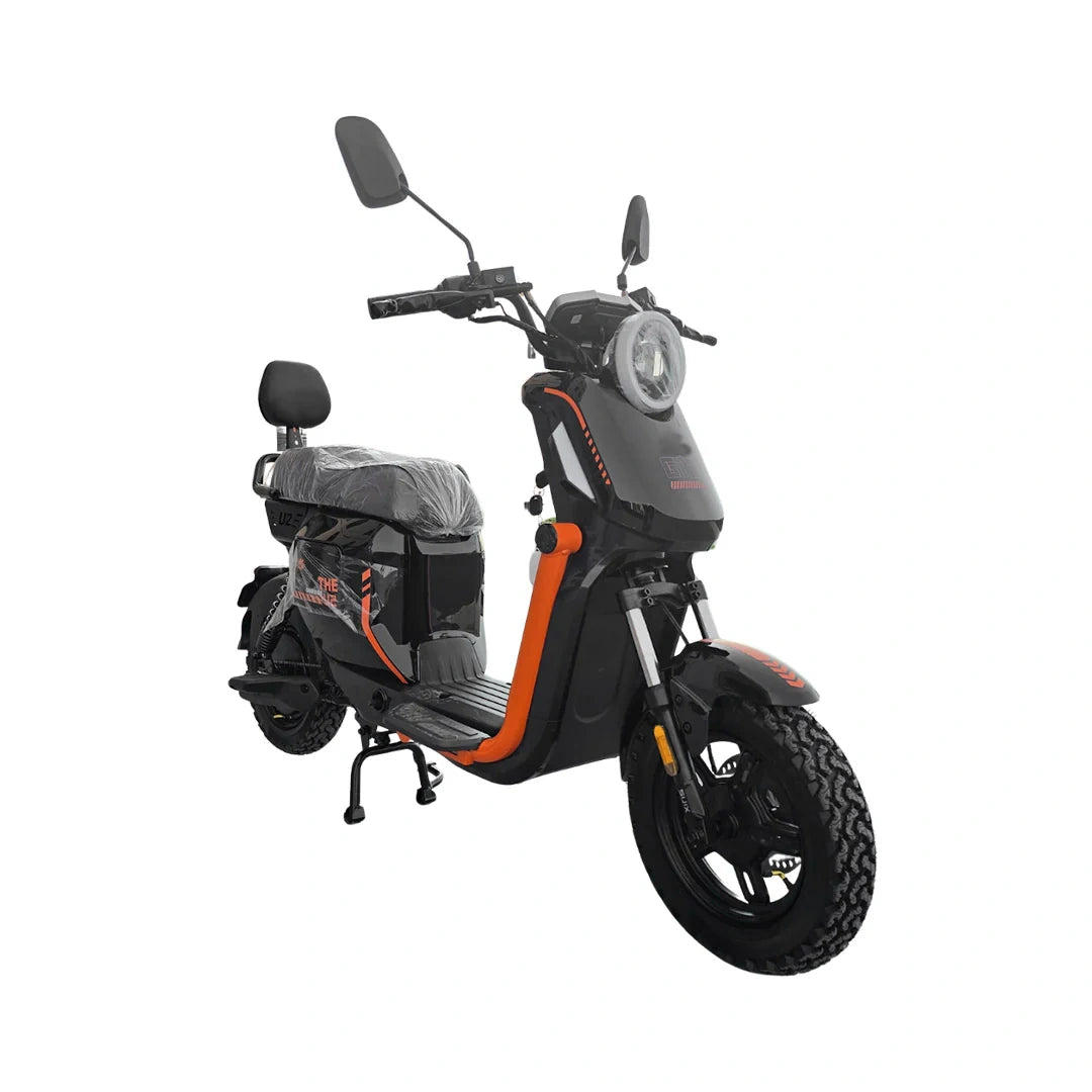 Black and orange electric scooter on a white background