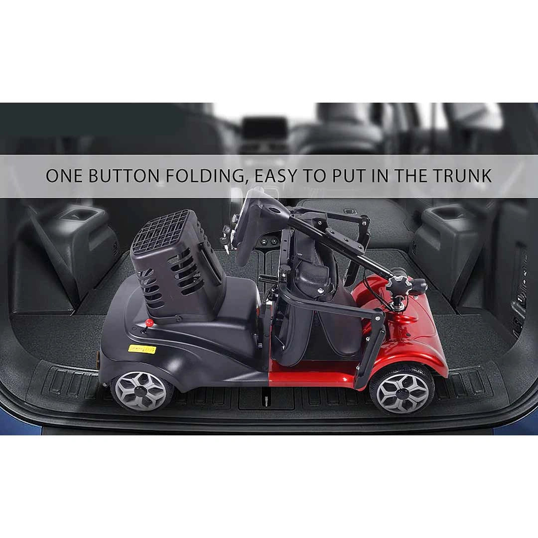 Foldable scooter being shown in a car trunk with text indicating one-button folding feature.