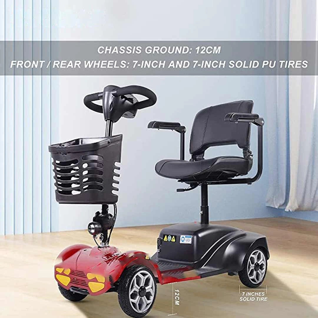 Red mobility scooter with black seat and basket on a light wooden floor.