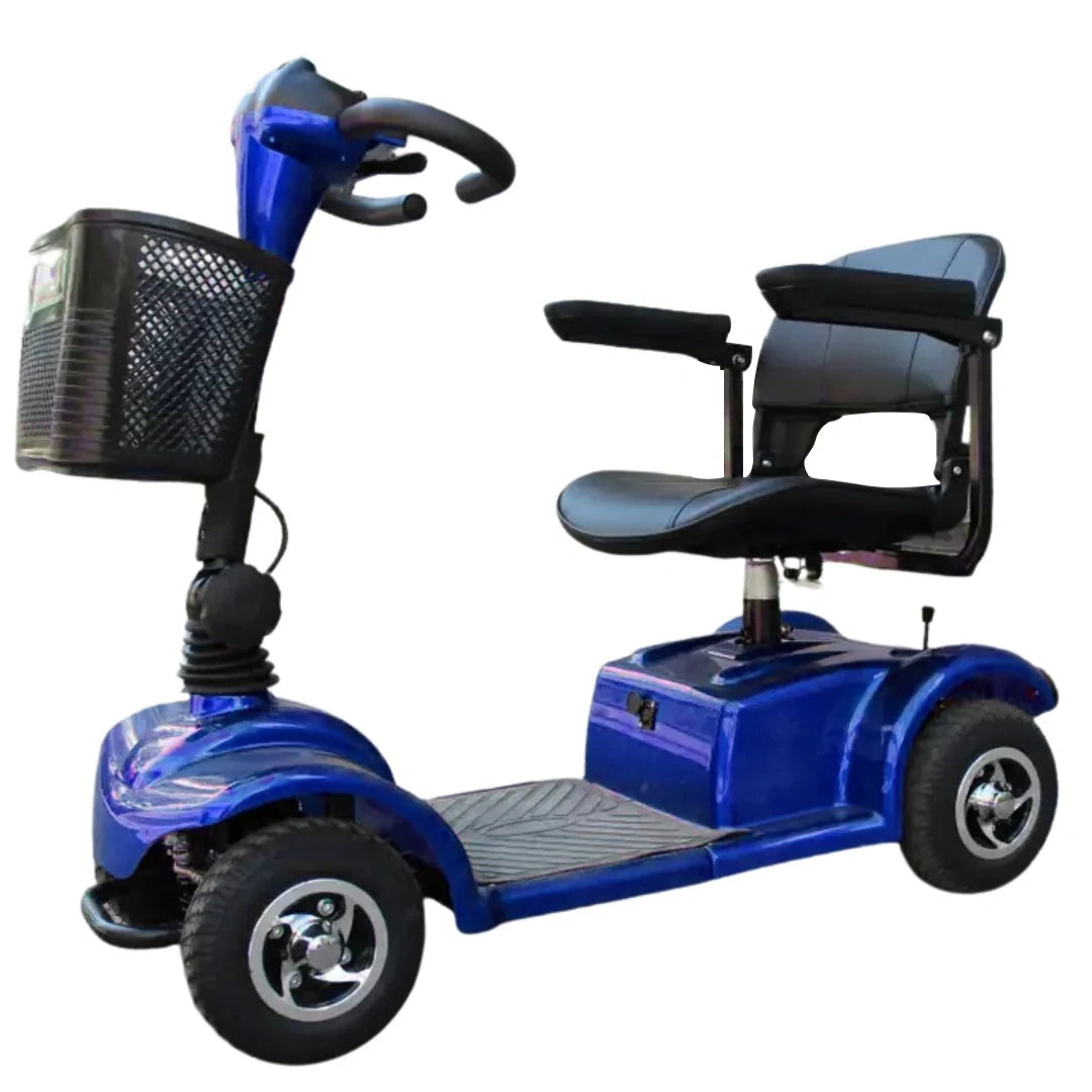 Blue mobility scooter with basket on a white background