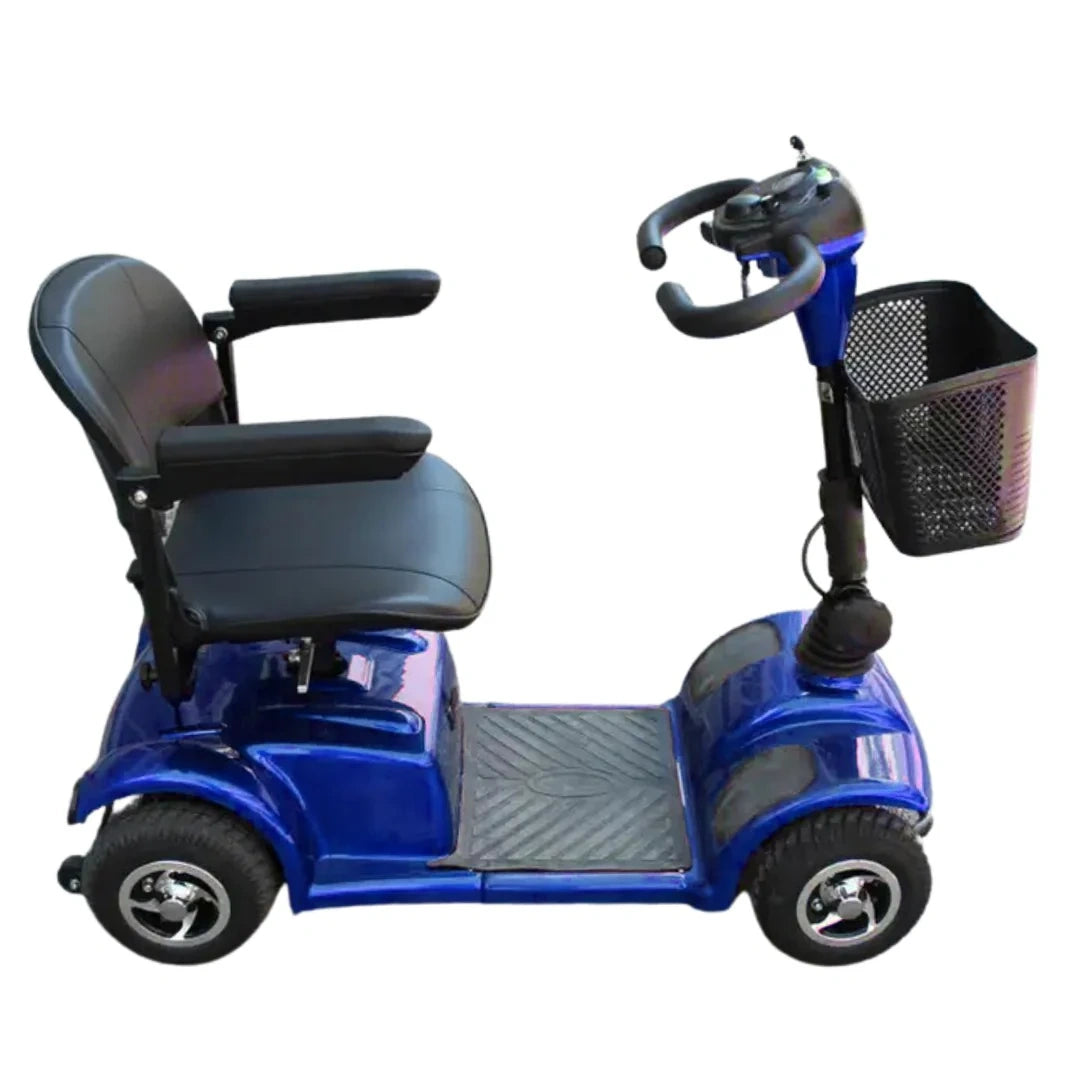 Blue mobility scooter with a basket on a white background