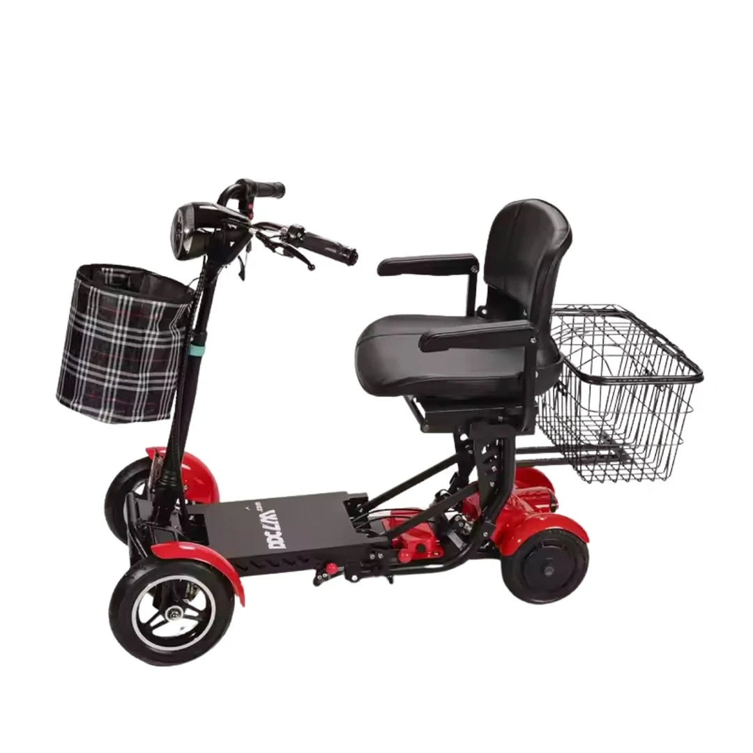 Three-wheeled mobility scooter with baskets on a white background