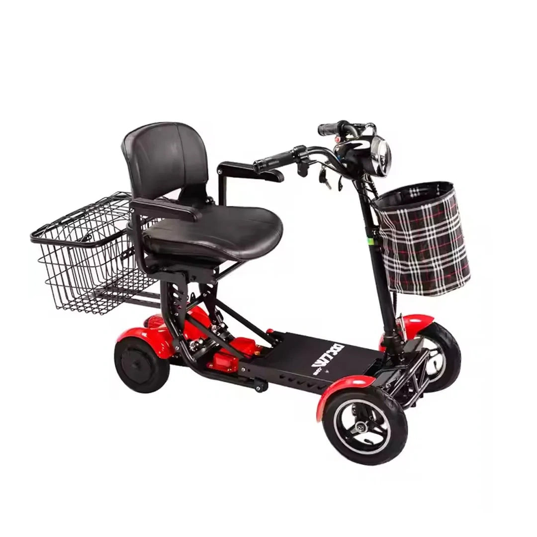 Three-wheeled mobility scooter with baskets on a white background