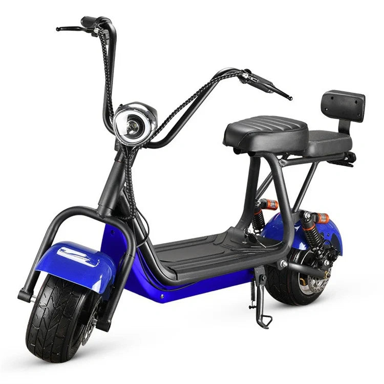 Blue electric scooter with black seat on a white background