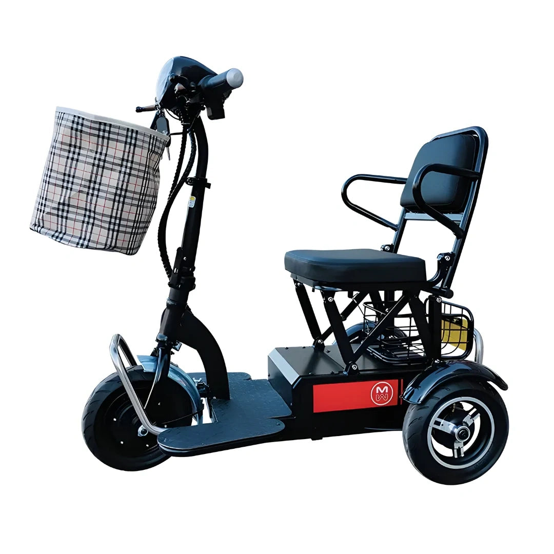 Electric scooter with a basket and seat on a white background