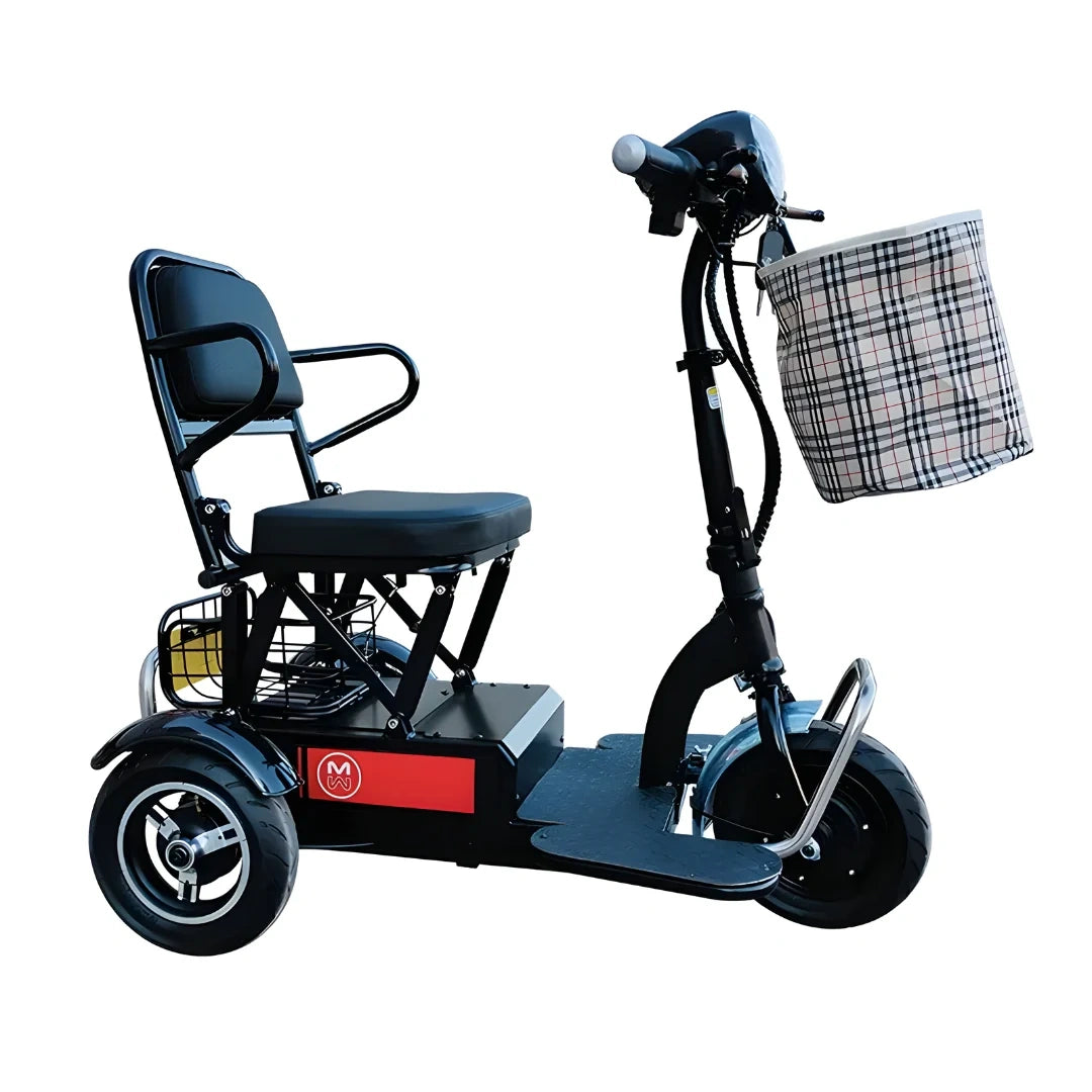 Mobility scooter with a basket on a white background