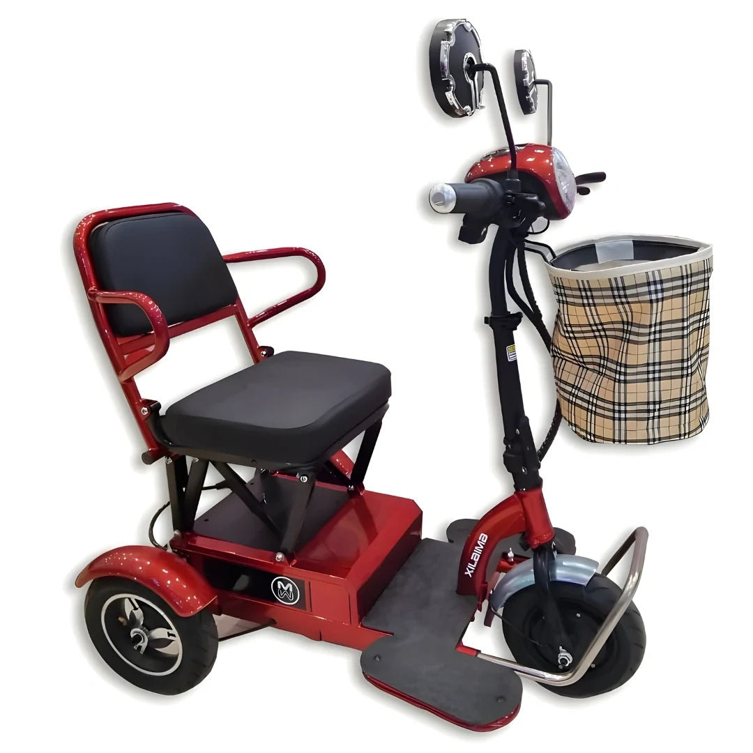 Red mobility scooter with black seat and basket on a white background