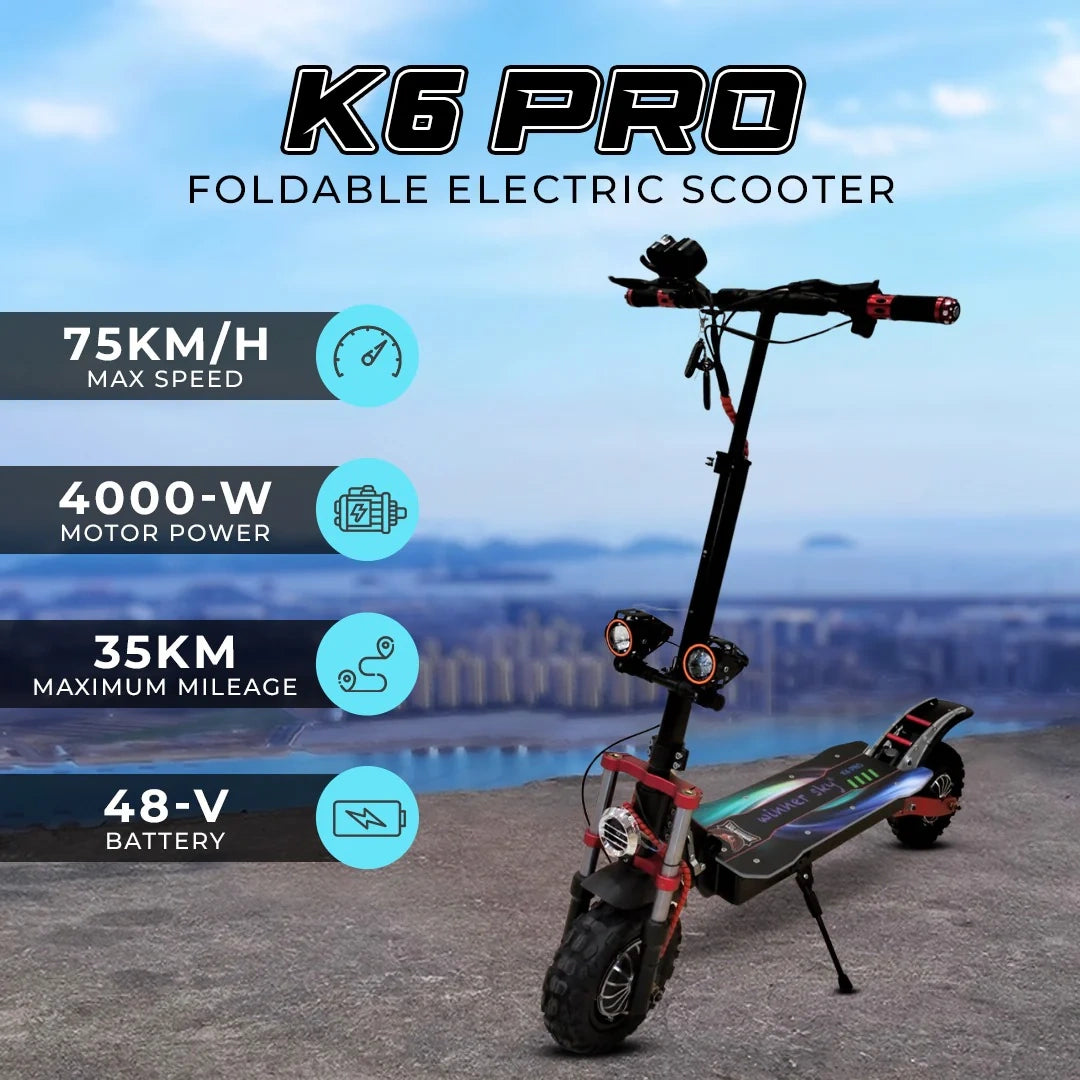 K6 Pro foldable electric scooter with specifications on a blurred cityscape background