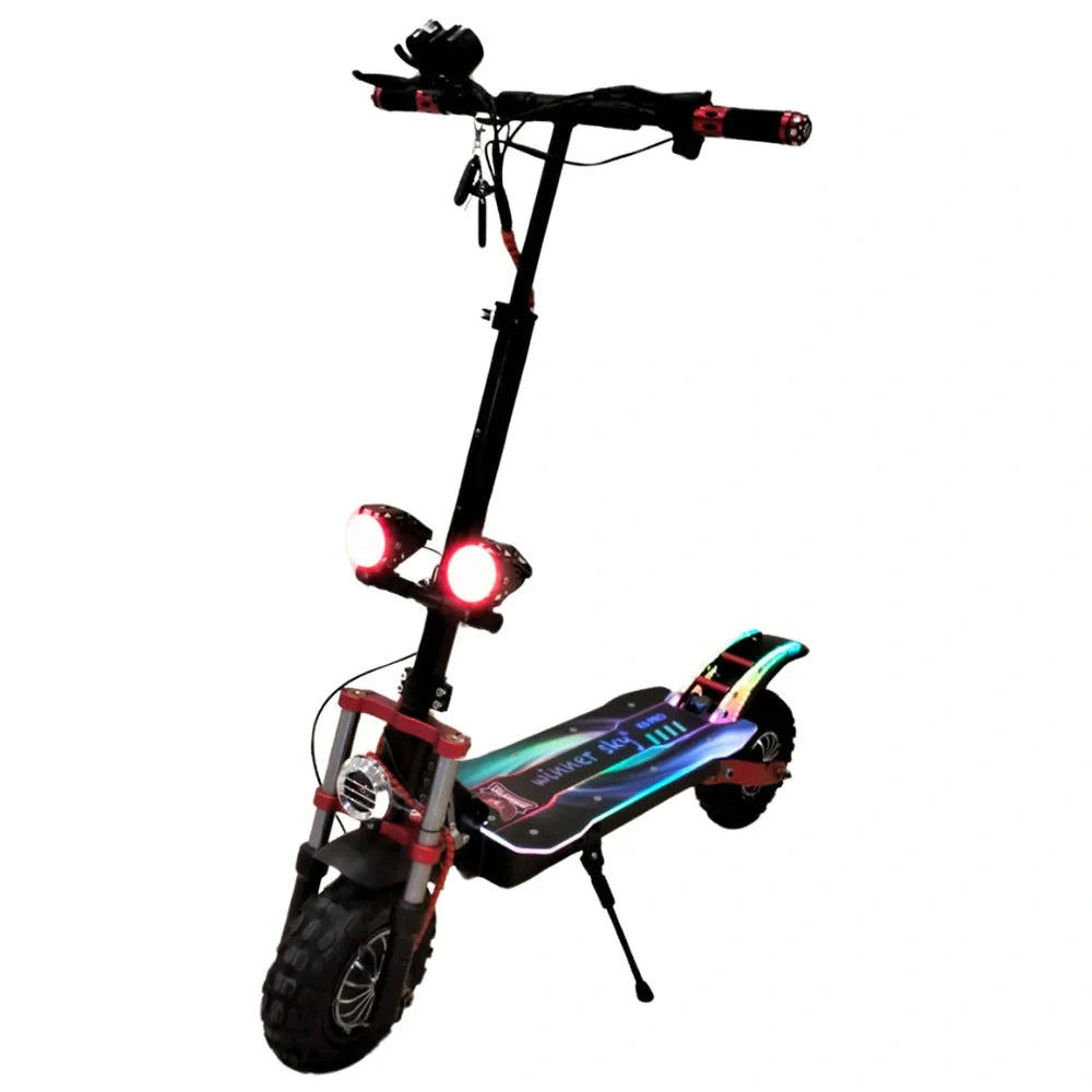 Black electric scooter with colorful design on a white background