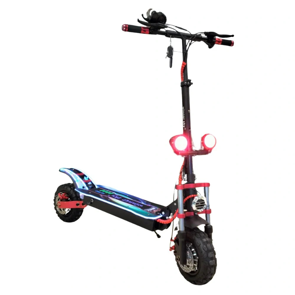 Black and red electric scooter with colorful design on a white background