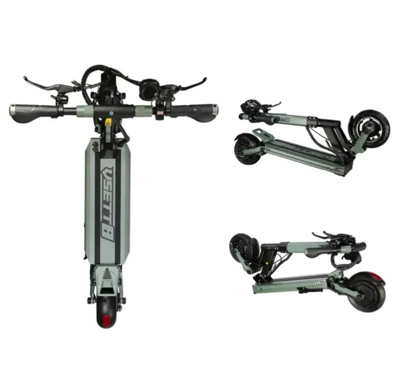 Electric scooter in three different configurations on a white background