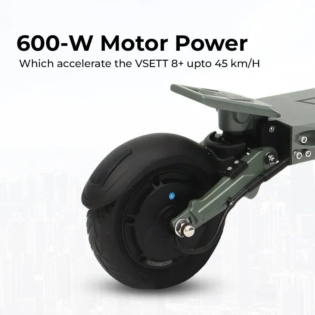 Close-up of an electric scooter wheel with 600-W motor power text on a white background