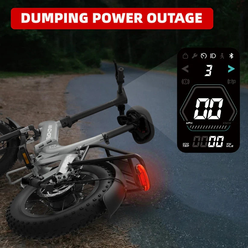 Electric bike lying on the ground with a digital display showing '00' and text about power outage.
