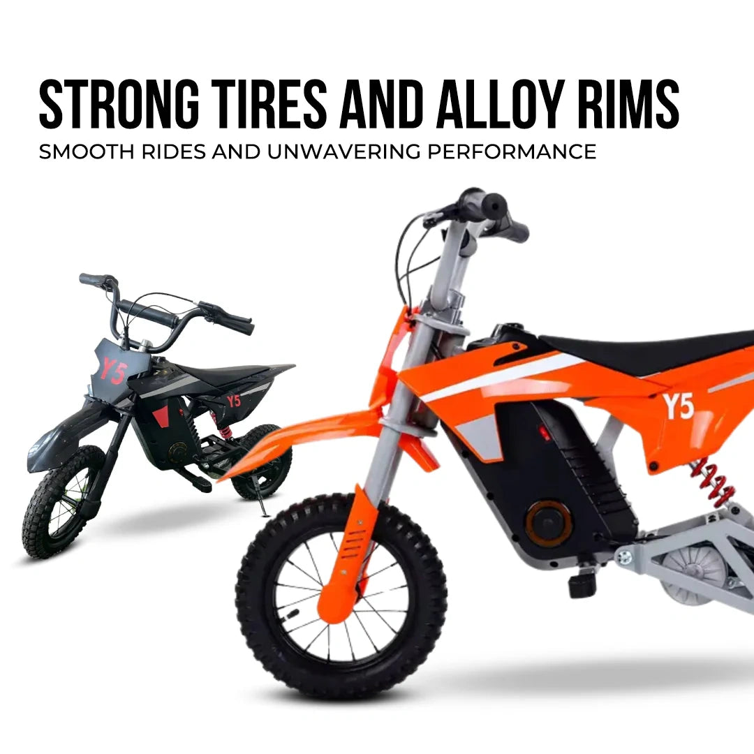 Orange electric bike with black tires and alloy rims on a white background