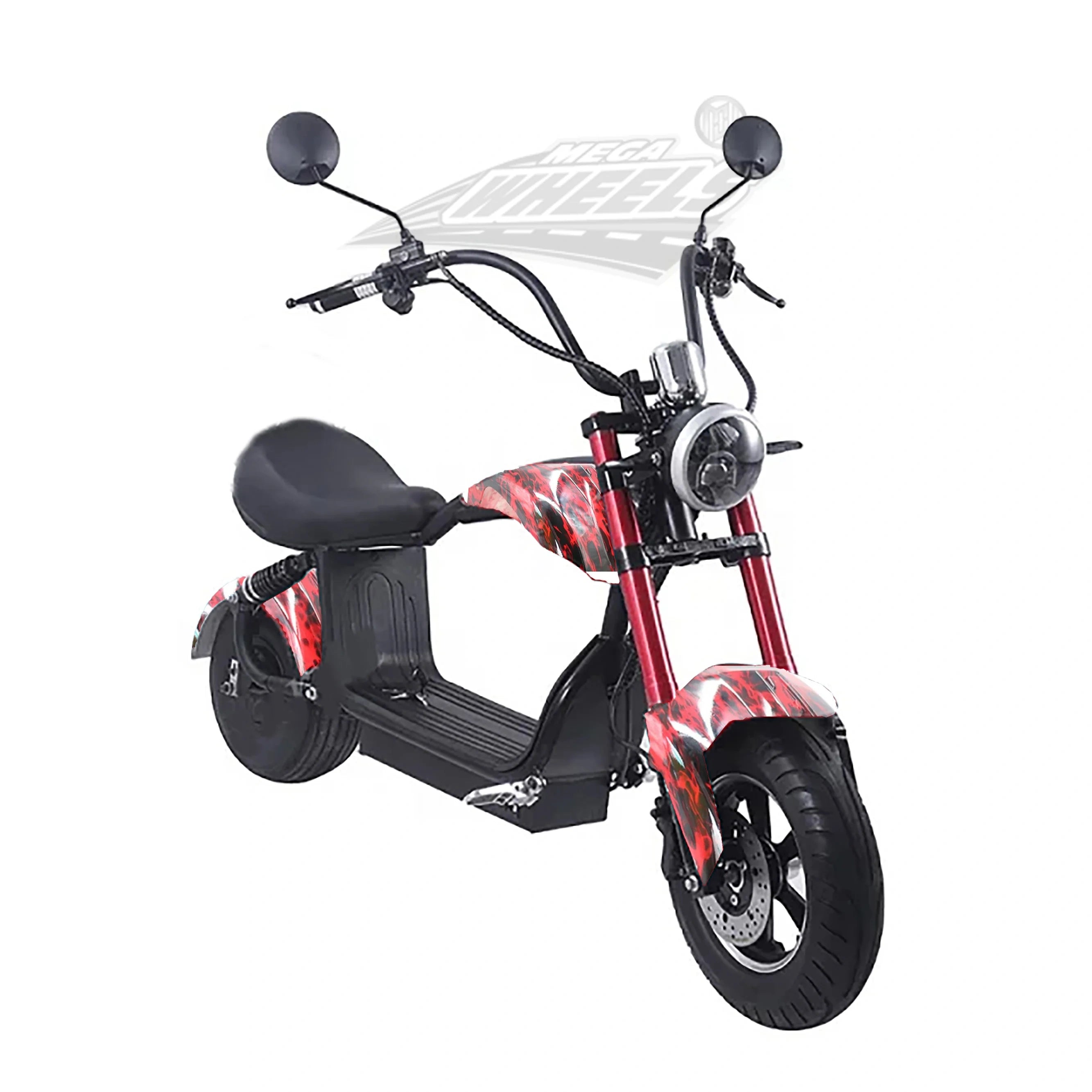 Red and black electric scooter with a white background