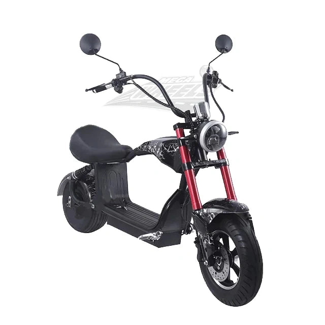 Black electric scooter with red accents on a white background