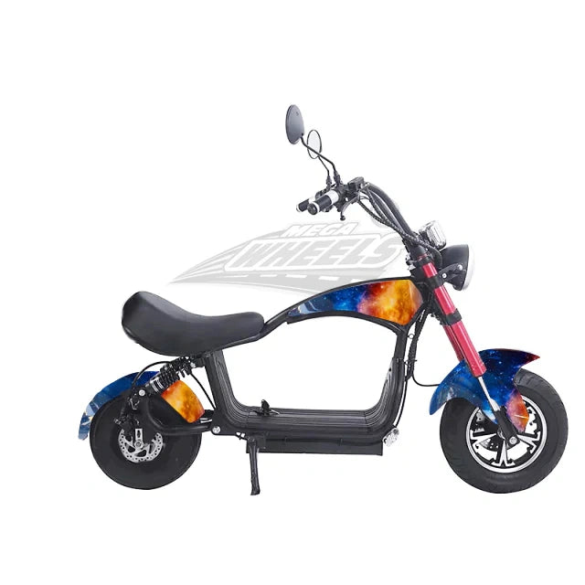 Small electric bike with a colorful design on a white background