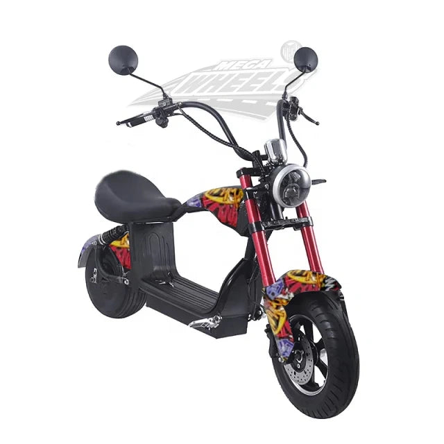 Black electric scooter with colorful frame design on a white background