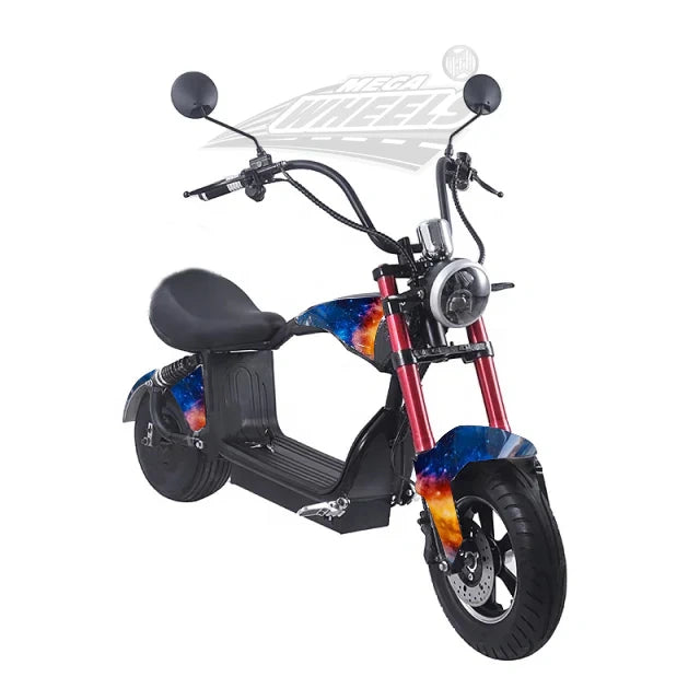Colorful electric scooter with a black seat on a white background